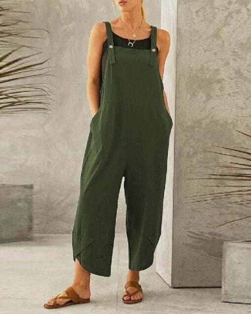 Button Pocket Playsuit Romper Women Strap Long Solid Casual Jumpsuits - Image 4