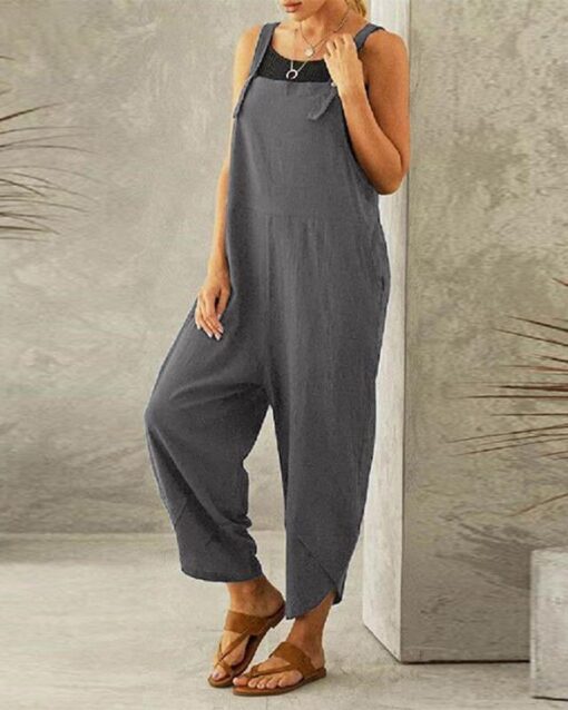 Button Pocket Playsuit Romper Women Strap Long Solid Casual Jumpsuits - Image 2