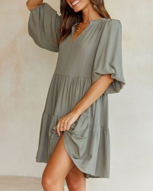 Casual Boho V Neck Short Sleeve Tie Waist A Line Flowy Dresses - Image 3