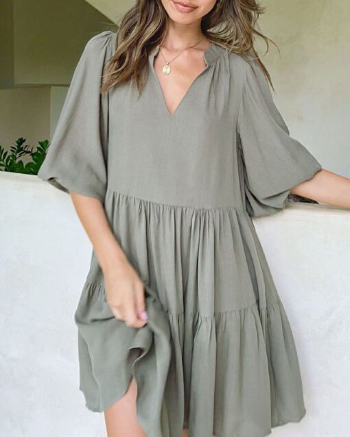 Casual Boho V Neck Short Sleeve Tie Waist A Line Flowy Dresses - Image 5