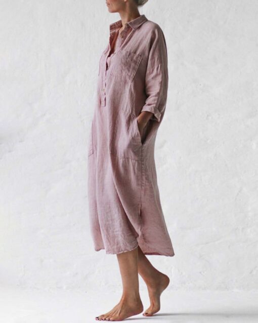 Casual Button Raglan Long Sleeve Pockets Loose Shirt Dress Lounge Midi Dresses Beach Cover Up - Image 2