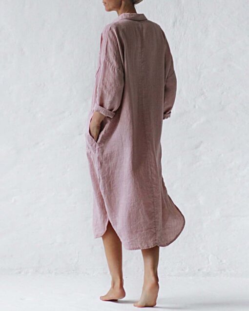 Casual Button Raglan Long Sleeve Pockets Loose Shirt Dress Lounge Midi Dresses Beach Cover Up - Image 3