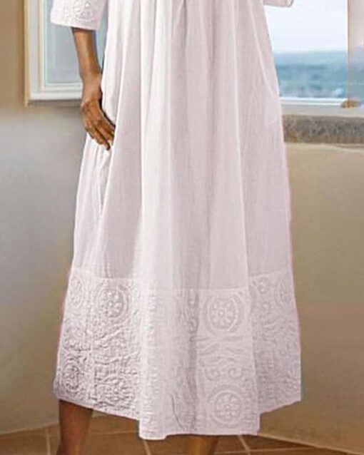 Casual Embroidered Lace Pattern Cotton and Linen Dress - Image 3