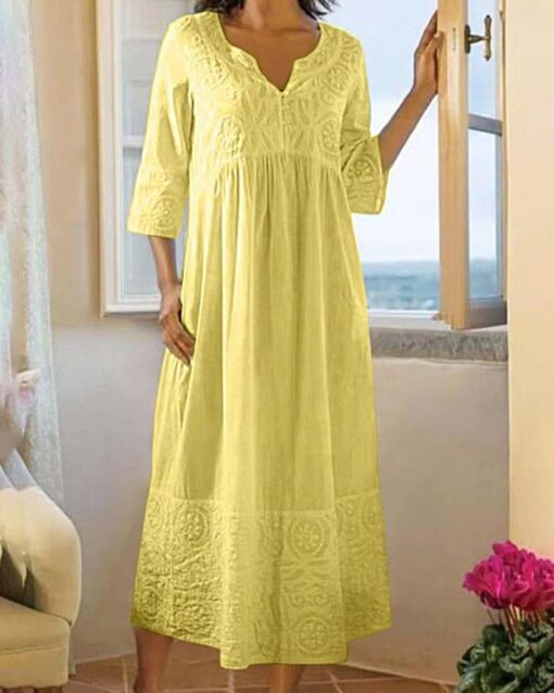 Casual Embroidered Lace Pattern Cotton and Linen Dress - Image 5