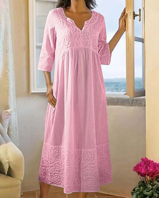 Casual Embroidered Lace Pattern Cotton and Linen Dress - Image 4