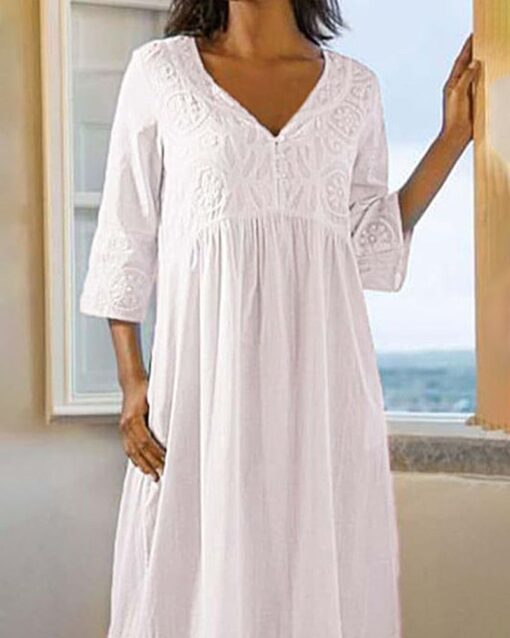 Casual Embroidered Lace Pattern Cotton and Linen Dress - Image 2