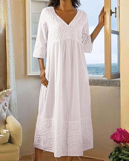 Casual Embroidered Lace Pattern Cotton and Linen Dress