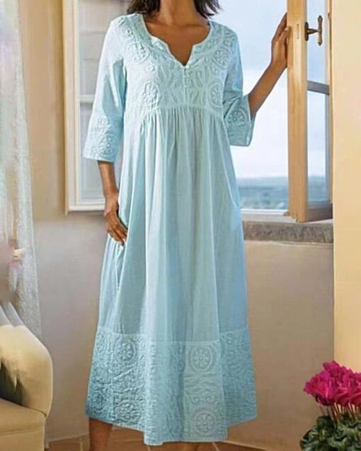 Casual Embroidered Lace Pattern Cotton and Linen Dress - Image 7