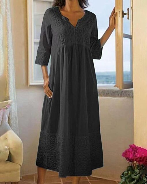 Casual Embroidered Lace Pattern Cotton and Linen Dress - Image 10