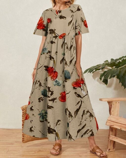 Casual Long Loose Waist Floral Printed Sleeve Short Dress