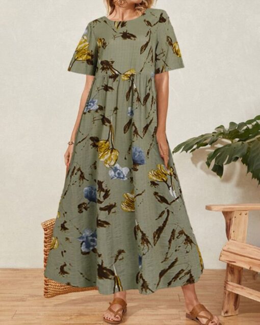 Casual Long Loose Waist Floral Printed Sleeve Short Dress - Image 4