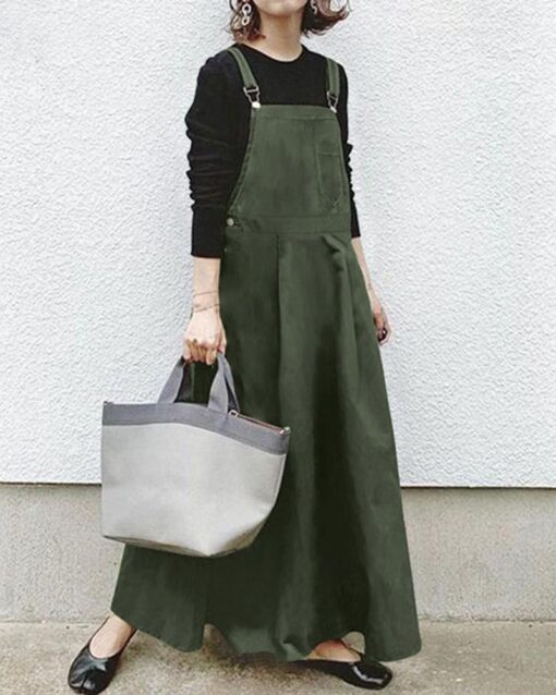 Casual Long Women Strap Pocket Big Solid Dress Loose Dress - Image 5