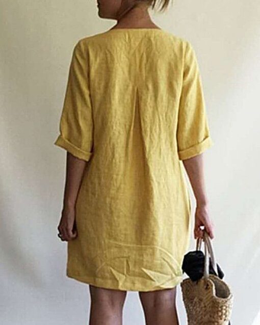 Casual Loose Short Sleeve V-Neck Cotton Linen Dress - Image 2