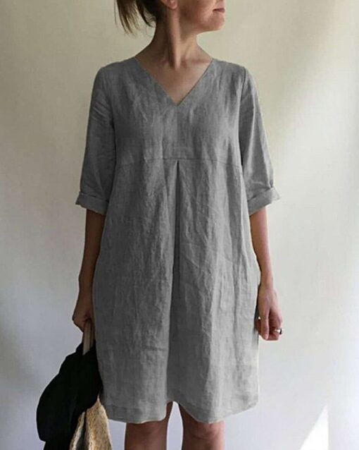 Casual Loose Short Sleeve V-Neck Cotton Linen Dress - Image 5