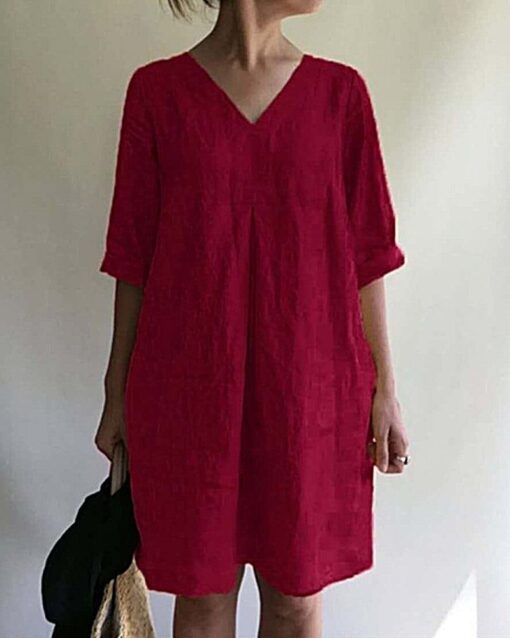 Casual Loose Short Sleeve V-Neck Cotton Linen Dress - Image 9