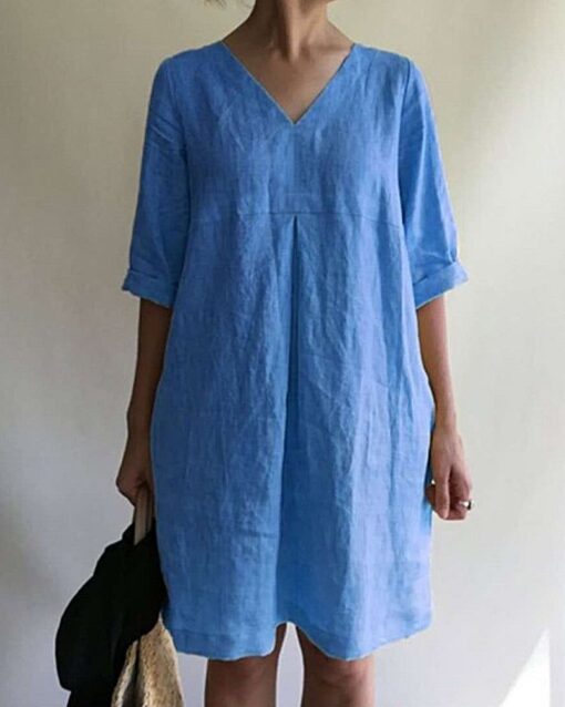 Casual Loose Short Sleeve V-Neck Cotton Linen Dress - Image 6