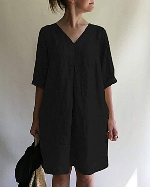 Casual Loose Short Sleeve V-Neck Cotton Linen Dress - Image 12