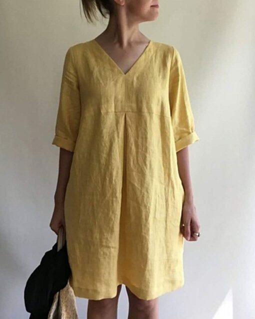 Casual Loose Short Sleeve V-Neck Cotton Linen Dress - Image 8