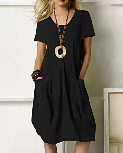 Casual Loose Sundress Midi Dress Short Sleeve Beach Dress with Pockets - Image 3