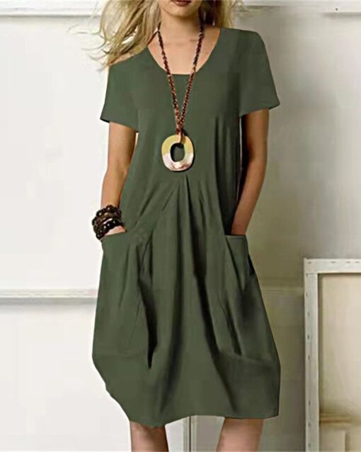 Casual Loose Sundress Midi Dress Short Sleeve Beach Dress with Pockets - Image 4