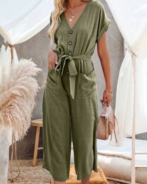 Casual Playsuits Wide Leg Short Sleeves V Neck Buttoned Baggy Belt Jumpsuits Elegant Long Romper with Pockets - Image 20