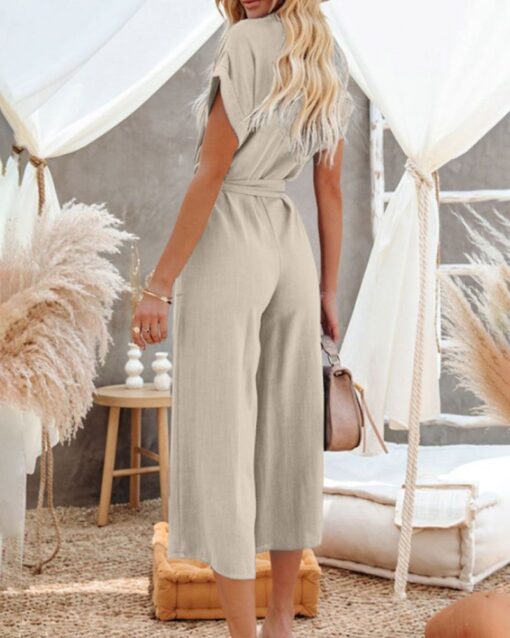 Casual Playsuits Wide Leg Short Sleeves V Neck Buttoned Baggy Belt Jumpsuits Elegant Long Romper with Pockets - Image 11