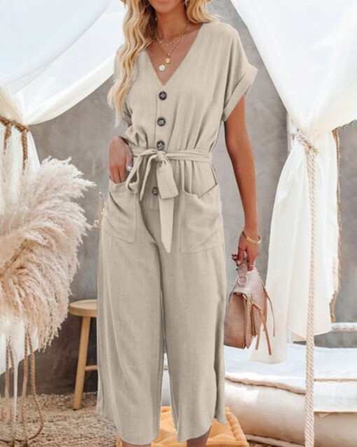 Casual Playsuits Wide Leg Short Sleeves V Neck Buttoned Baggy Belt Jumpsuits Elegant Long Romper with Pockets - Image 12