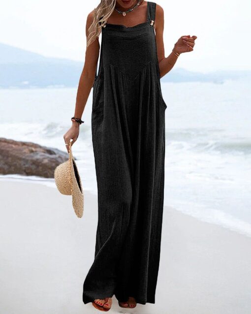 Casual Sleeveless Jumpsuits Summer Solid High Waist Wide Leg Pants Soft Rompers with Pockets - Image 8