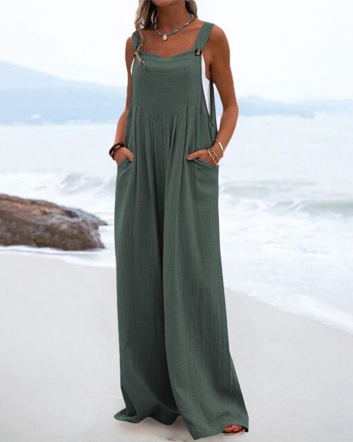 Casual Sleeveless Jumpsuits Summer Solid High Waist Wide Leg Pants Soft Rompers with Pockets - Image 2