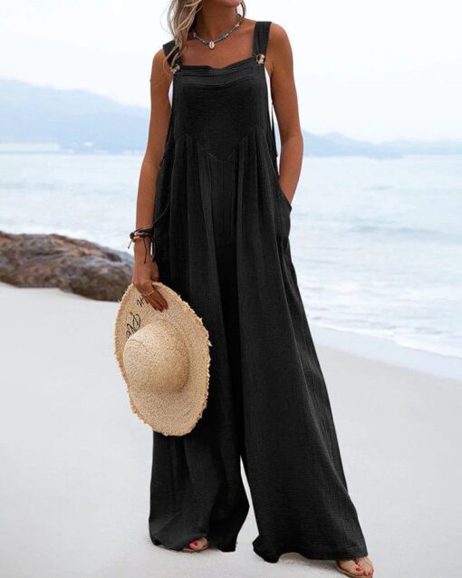 Casual Sleeveless Jumpsuits Summer Solid High Waist Wide Leg Pants Soft Rompers with Pockets - Image 11