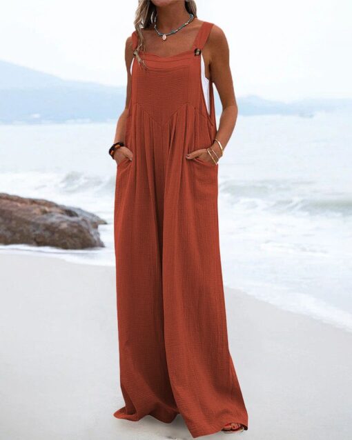 Casual Sleeveless Jumpsuits Summer Solid High Waist Wide Leg Pants Soft Rompers with Pockets - Image 12