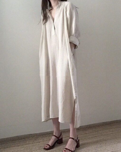 Casual Stand Collar Long Sleeve Side Fork Long Dress - Image 5