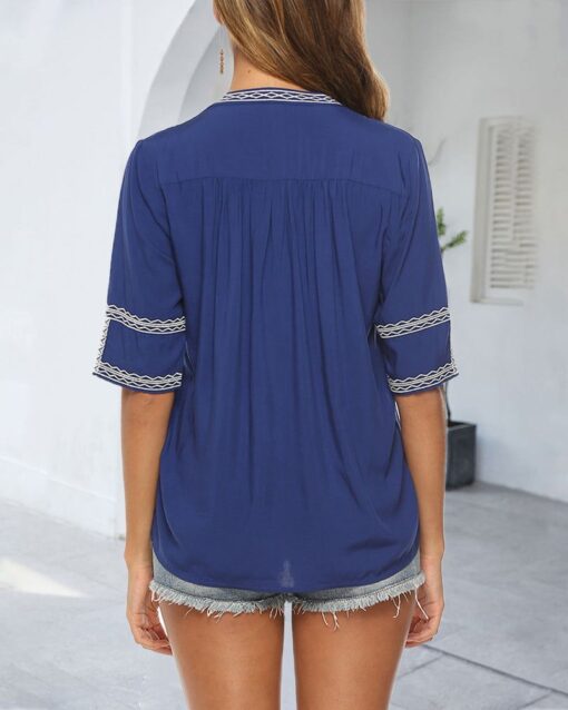 Casual V Neck Shirt Boho Embroidered Print Short Sleeve Tops Loose Blouse - Image 3