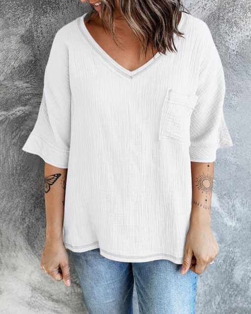 Casual V Neck Tops 3/4 Sleeve T-Shirt Tees with Pocket - Image 7