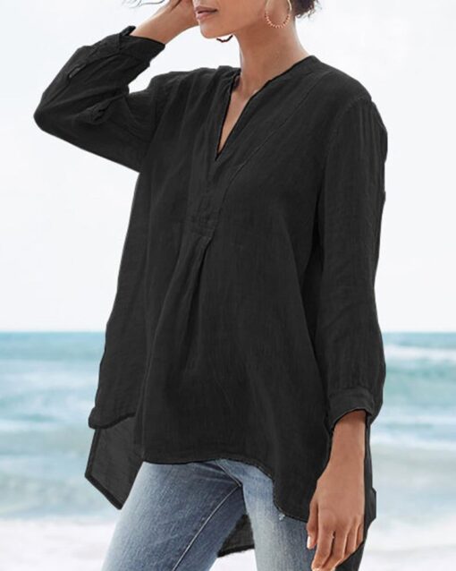 Cotton and Linen Loose Baggy Plus Size V Neck Long Sleeve Beach Shirts Blouses Tops - Image 5