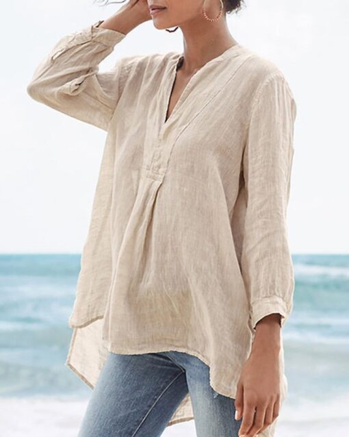 Cotton and Linen Loose Baggy Plus Size V Neck Long Sleeve Beach Shirts Blouses Tops - Image 6