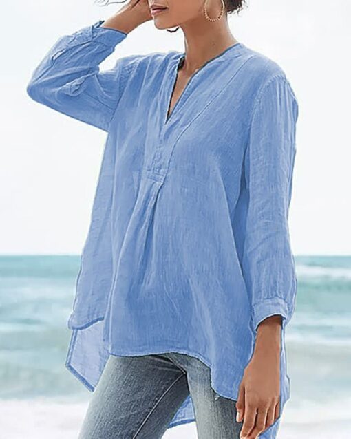 Cotton and Linen Loose Baggy Plus Size V Neck Long Sleeve Beach Shirts Blouses Tops - Image 2