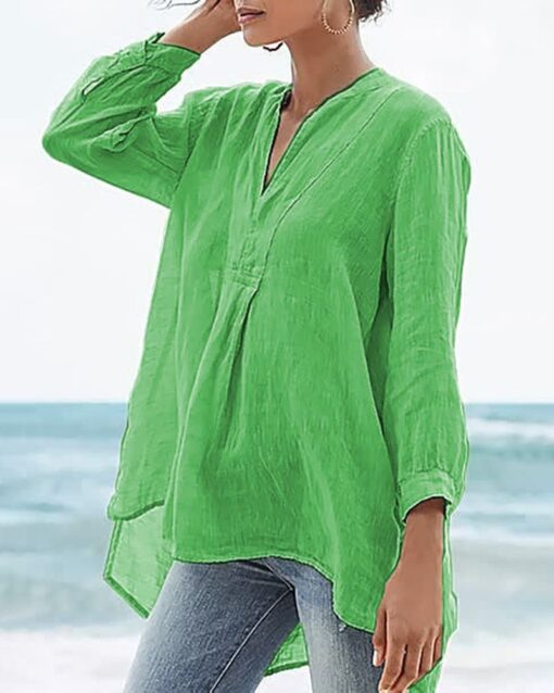 Cotton and Linen Loose Baggy Plus Size V Neck Long Sleeve Beach Shirts Blouses Tops - Image 4