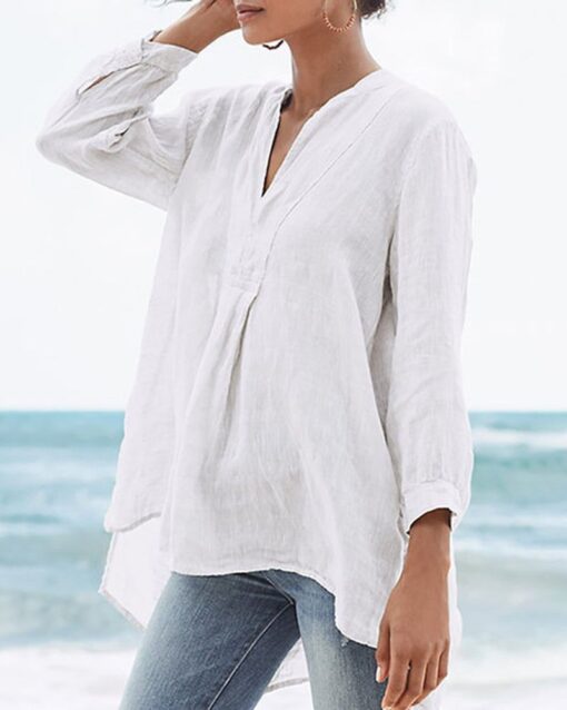 Cotton and Linen Loose Baggy Plus Size V Neck Long Sleeve Beach Shirts Blouses Tops - Image 3