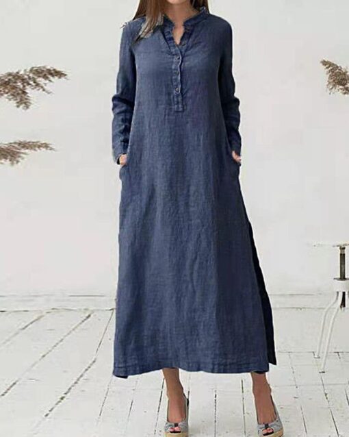 Cotton and Linen Shirt Dress Casual Long Sleeve Loose Fit Split Maxi Dresses with Pocket