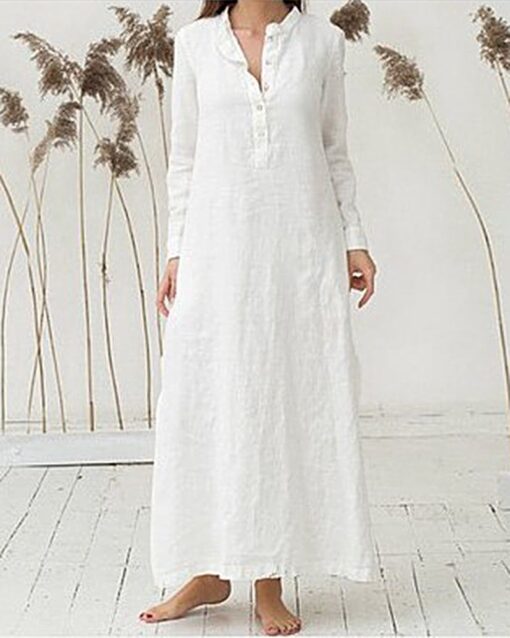 Cotton and Linen Shirt Dress Casual Long Sleeve Loose Fit Split Maxi Dresses with Pocket - Image 6