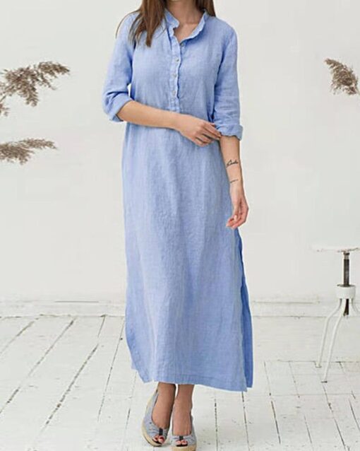 Cotton and Linen Shirt Dress Casual Long Sleeve Loose Fit Split Maxi Dresses with Pocket - Image 2