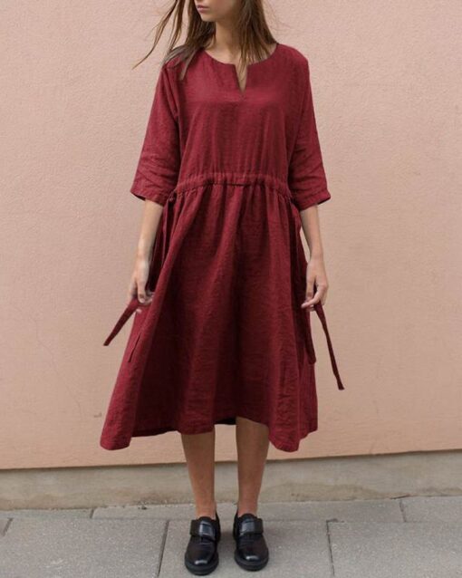 Cotton And Linen V-Neck Lace up Pocket 3/4 Length Sleeve Summer Dresses - Image 7