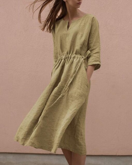 Cotton And Linen V-Neck Lace up Pocket 3/4 Length Sleeve Summer Dresses - Image 6