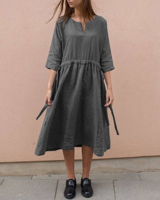 Cotton And Linen V-Neck Lace up Pocket 3/4 Length Sleeve Summer Dresses - Image 5