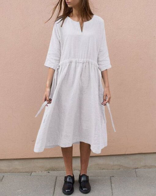 Cotton And Linen V-Neck Lace up Pocket 3/4 Length Sleeve Summer Dresses - Image 4