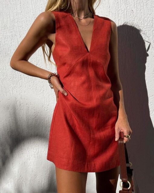 Cotton Linen Sleeveless Slim V-neck Vest Dress - Image 4