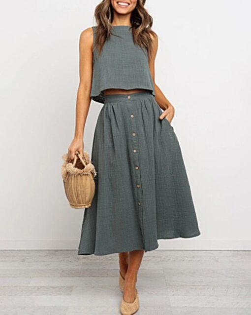 Crew Neck Side Pockets Single Breasted Casual Outfit Solid Color Sleeveless Short Vest Midi Skirt Set - Image 4