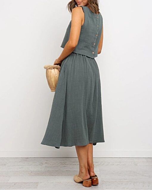 Crew Neck Side Pockets Single Breasted Casual Outfit Solid Color Sleeveless Short Vest Midi Skirt Set - Image 2