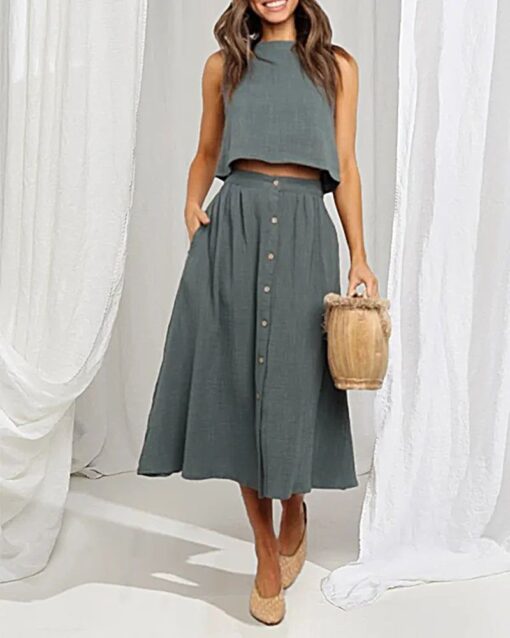 Crew Neck Side Pockets Single Breasted Casual Outfit Solid Color Sleeveless Short Vest Midi Skirt Set - Image 3